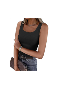 Black ribbed scoop-neck tank top